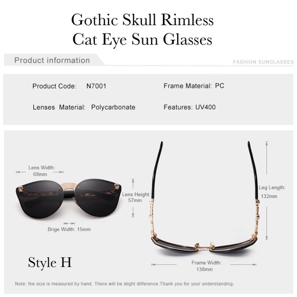 KINGSEVEN Silver Gothic Skull Rimless Cat Eye Sunglasses - Picture 16 of 16